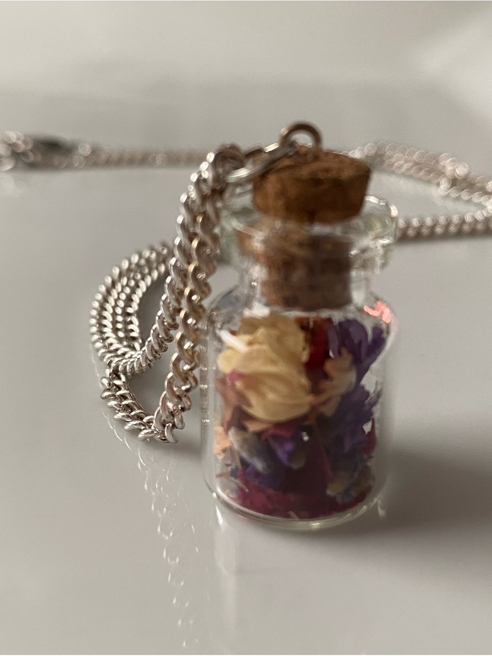 Dried Flower Glass Vial Pendant Necklace - Purple, Red & Cream